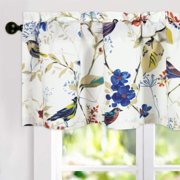 Faux Linen Birds Pattern Valance, 1 Panel Blue Bird Print Light Filtering Privacy Window Treatment, 52 x 12 Inch