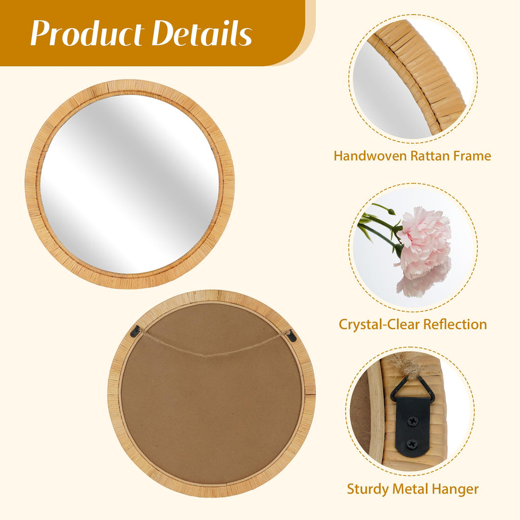 Rattan Wall Mirror - 20" Boho Round Bathroom Mirror Decorative Farmhouse Circle Mirror for Vanity Entryway Living
