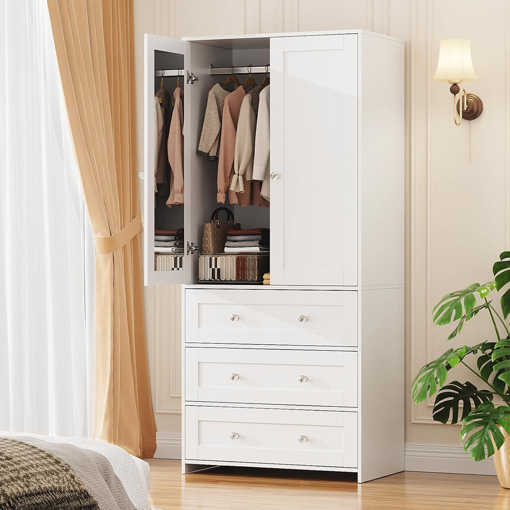 71" Tall Armoire Wardrobe Closet with Drawers and Mirror | Clothing Storage Cabinet with Hanging Rod, 2 Doors Wooden