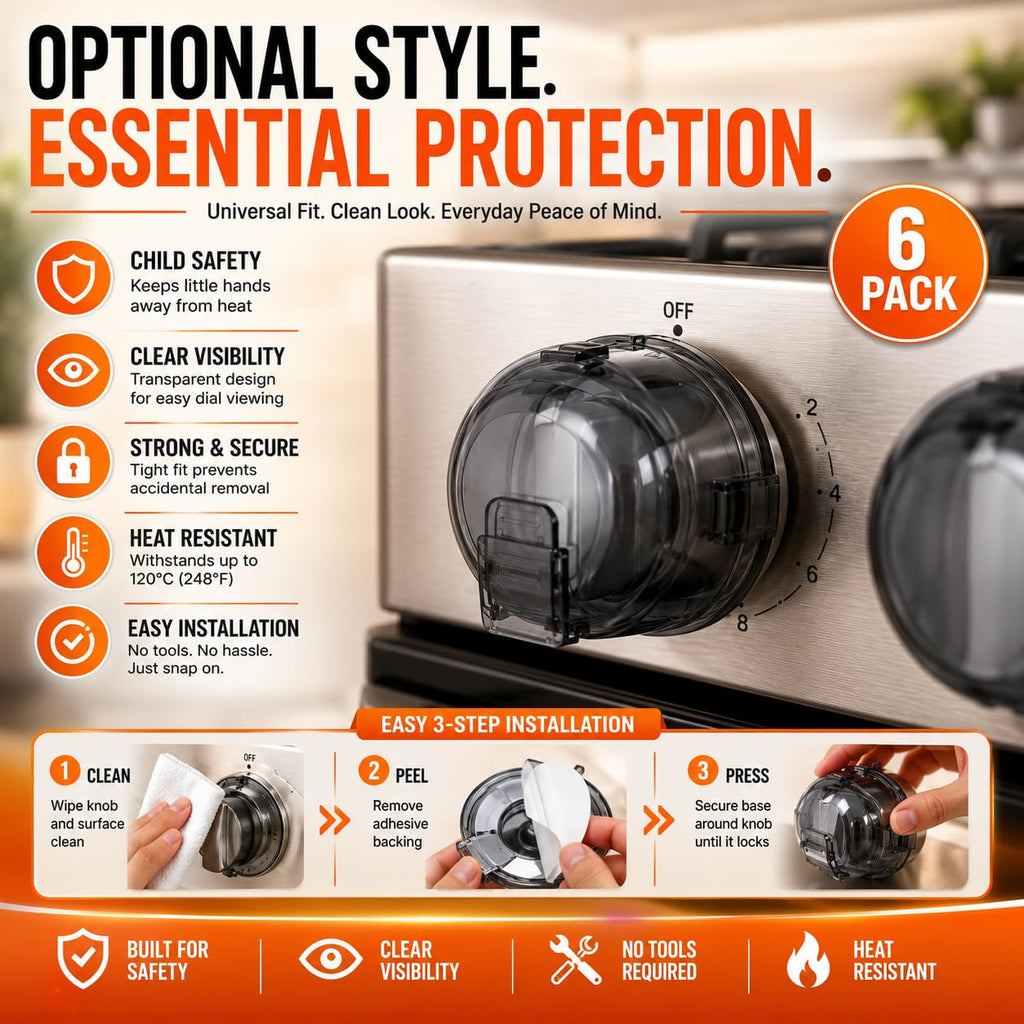 Stove Knob Covers for Child Safety Pack of 6 - Baby Proof Stove Knob Covers, Heat Resistant Gas Stove Knob Locks