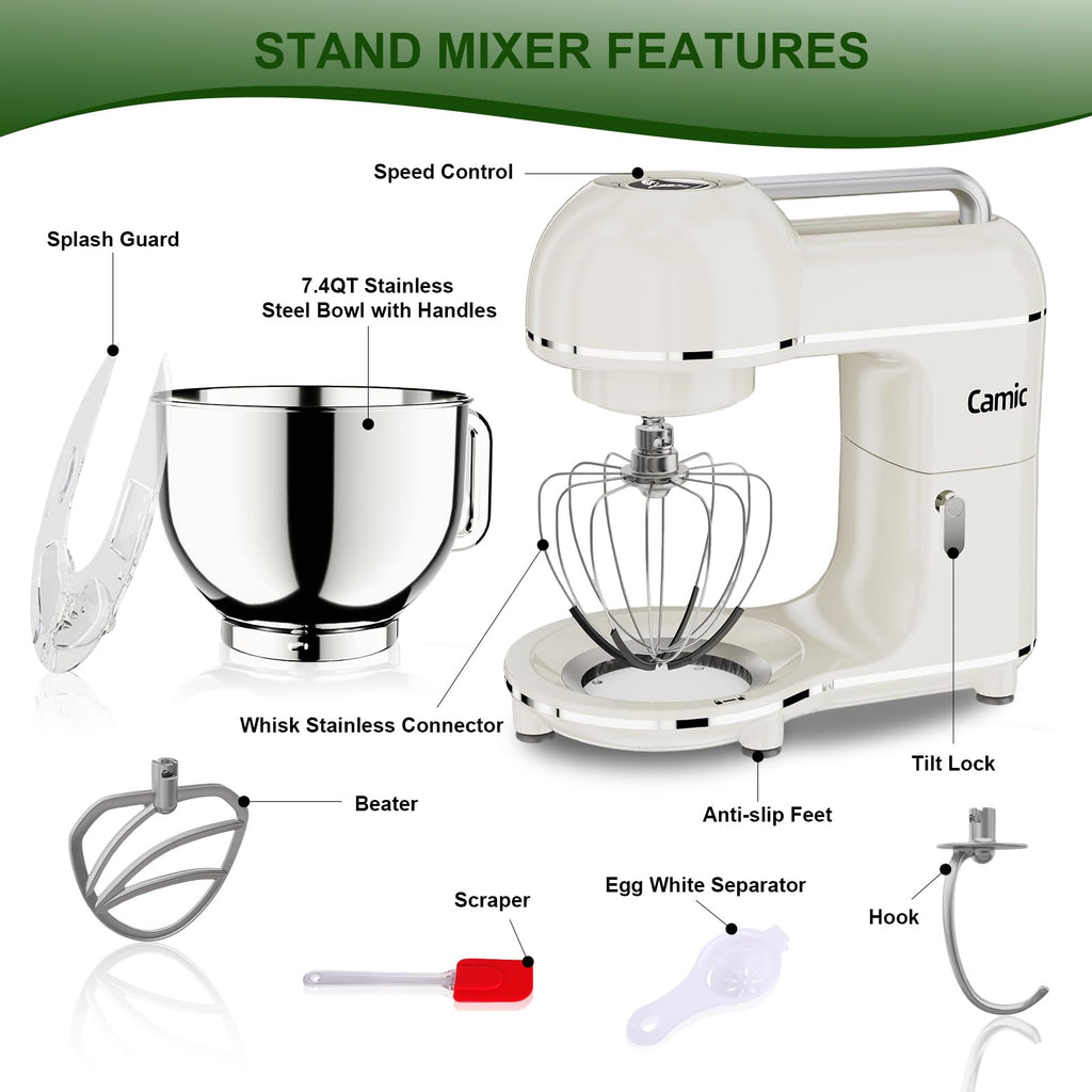 7.45 QT Tilt-Head Stand Mixer, Electric Mixer for Baking (White)