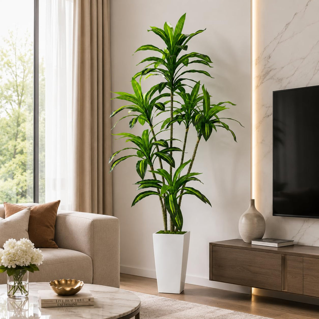 Artificial Dracaena Tree with White Tall Planter, 7FT
