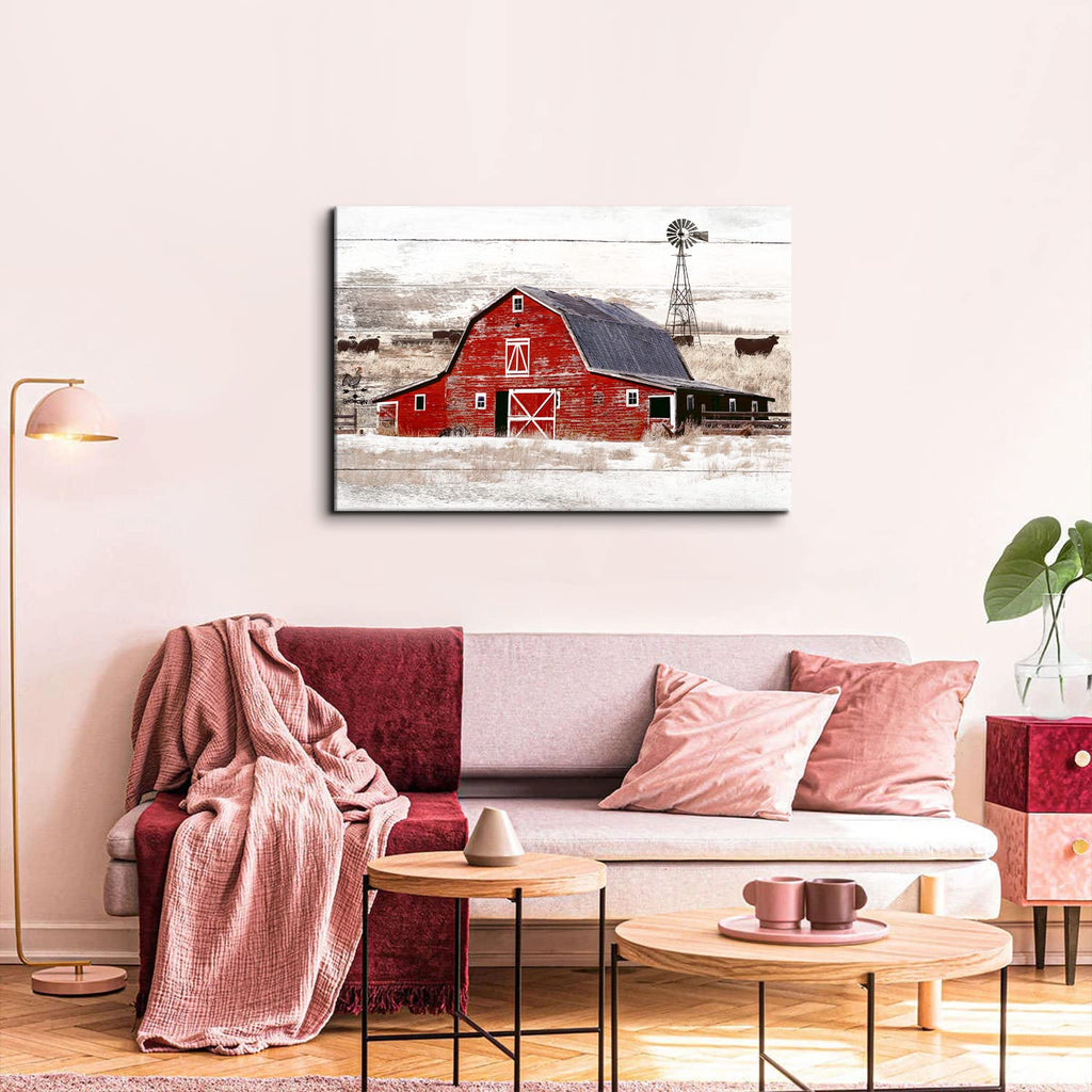 Red Old Barn Wall Art Country Windmill Wall Decor Rustic Farmhouse Landscape Picture Canvas Prints Kitchen, Vintage