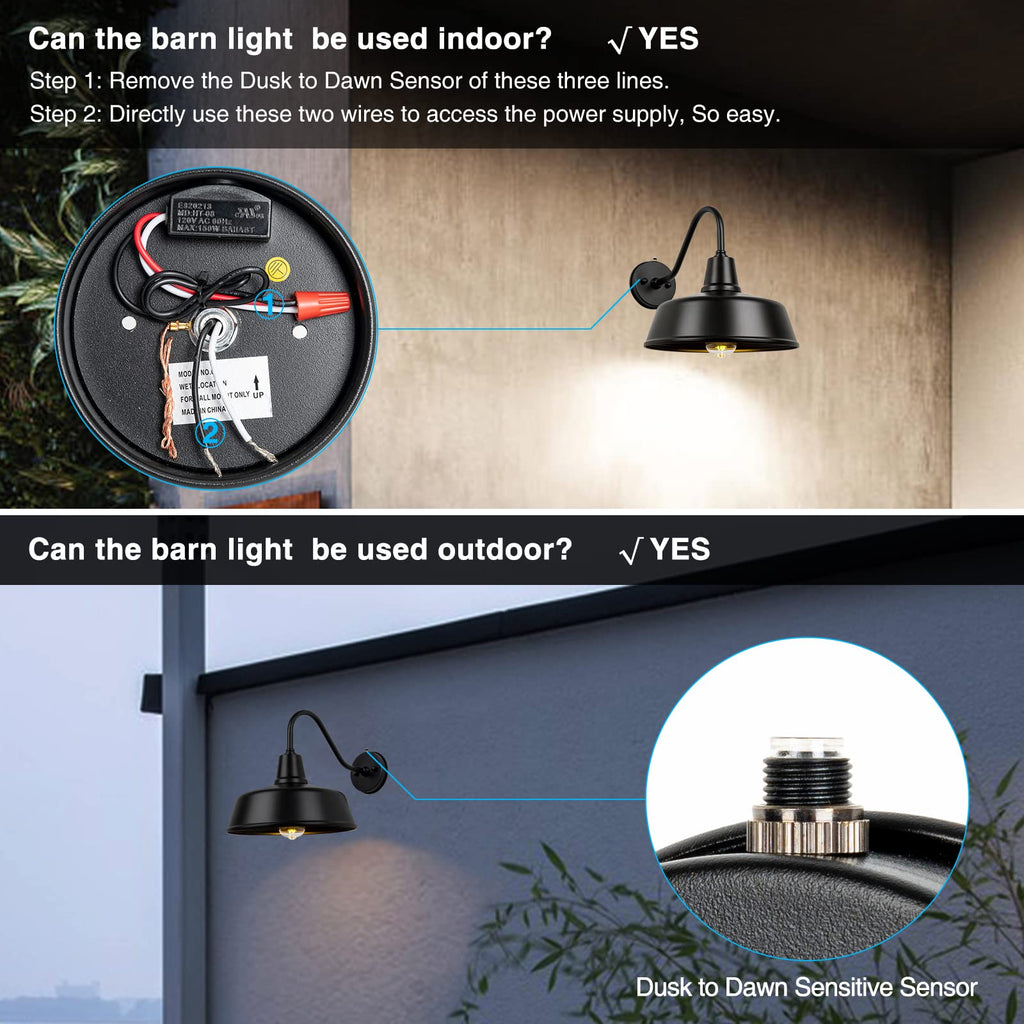 12.6" Gooseneck Barn Light, Dusk to Dawn Black Outdoor Wall Sconce