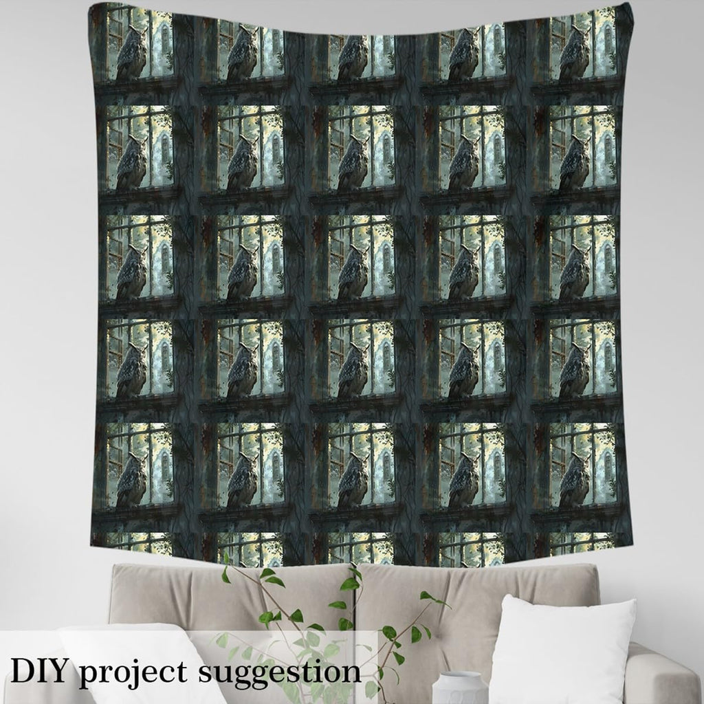 Owl Fabric By The Yard, Window Upholstery Fabric, Rustic Gothic Darkness Halloween Horror Death Mystery Castle Theme