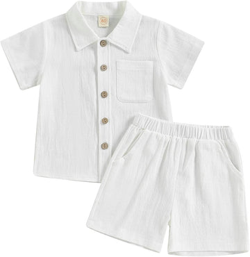 Baby Boy Cotton Linen Shorts Set Solid Color Short Sleeve Button Down T-Shirt Tops and Shorts Summer Outfit Clothes