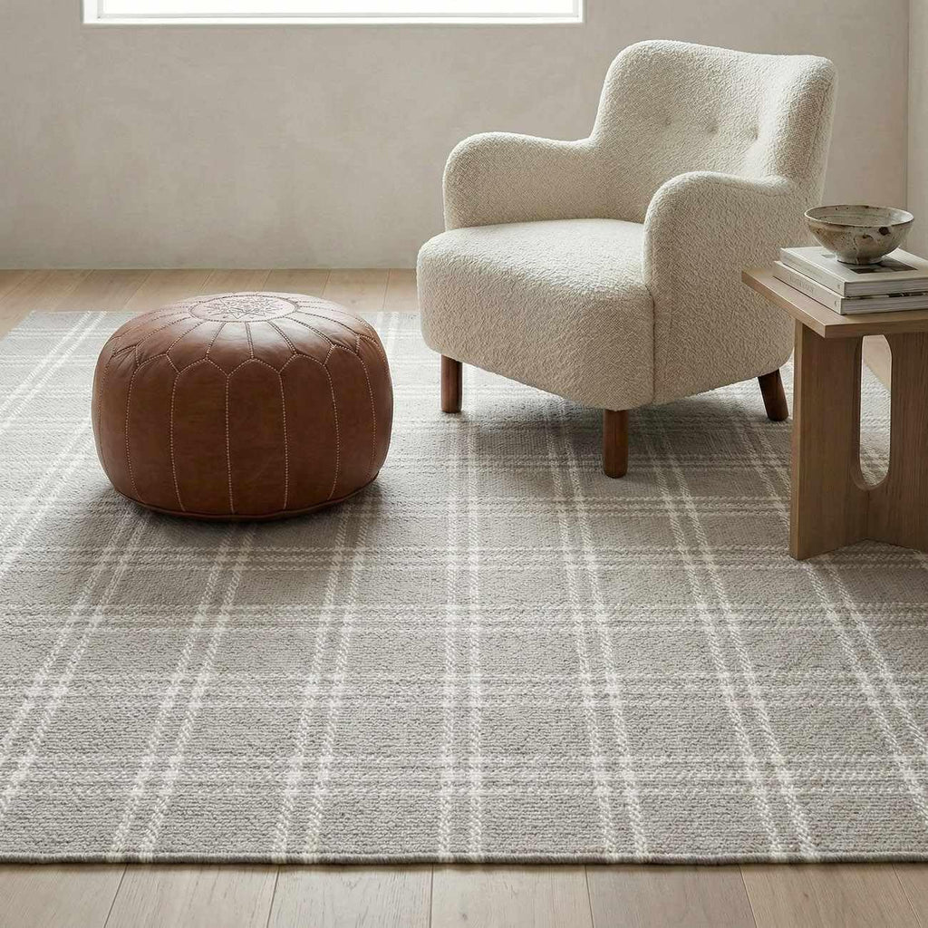 Dhyana Wool Living Room, Bedroom Area Rug - Plaid Checkered Geometric Striped - Contemporary Modern Minimalist