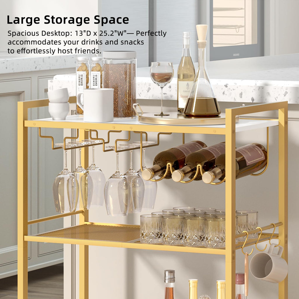 Bar Cart, 3-Tier Home Bar Serving Cart with Lockable Wheels, Gold