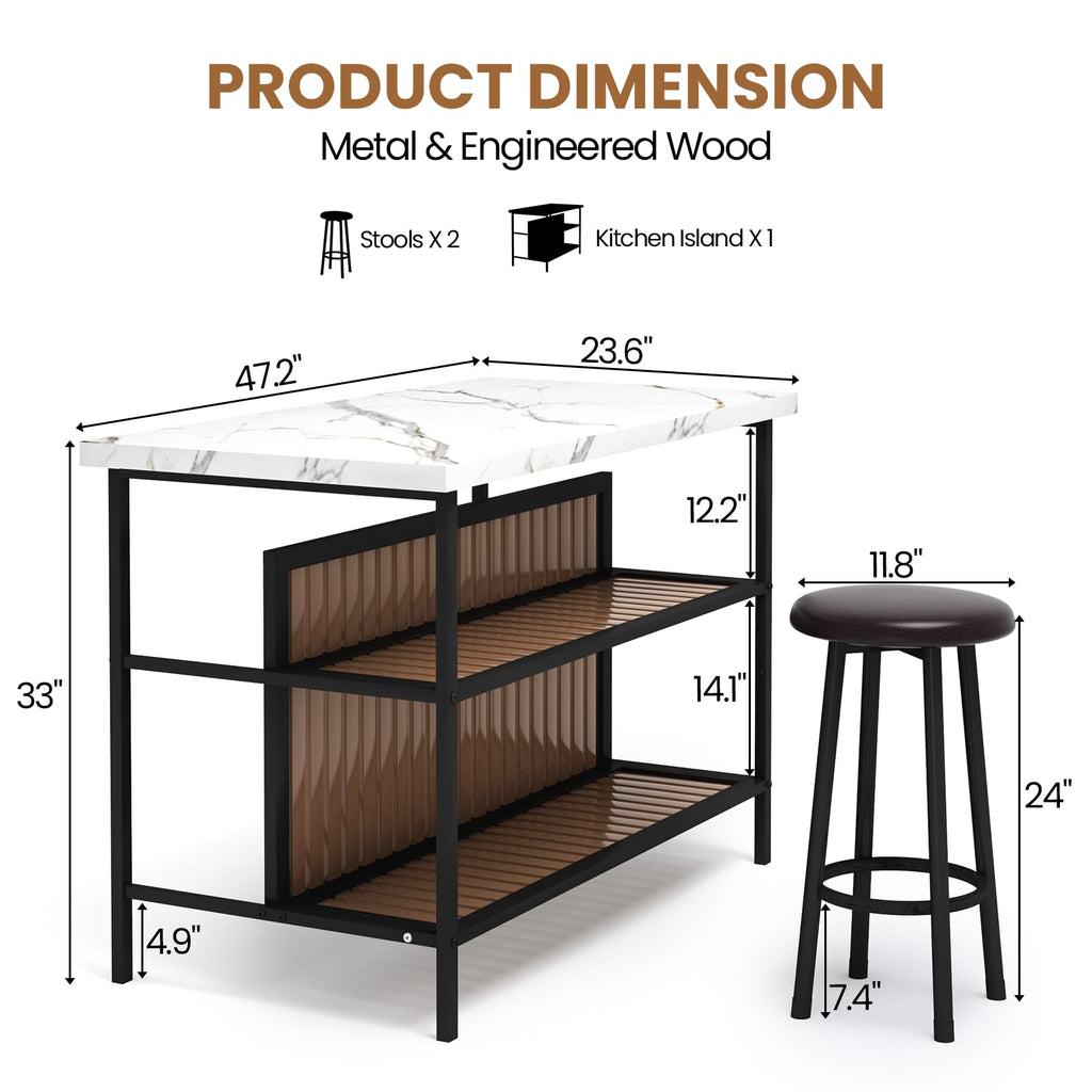 Kitchen Island with Stools & Storage, Modern Dining Table Set for 2, 3 Piece Kitchen & Dining Room Sets Island Table