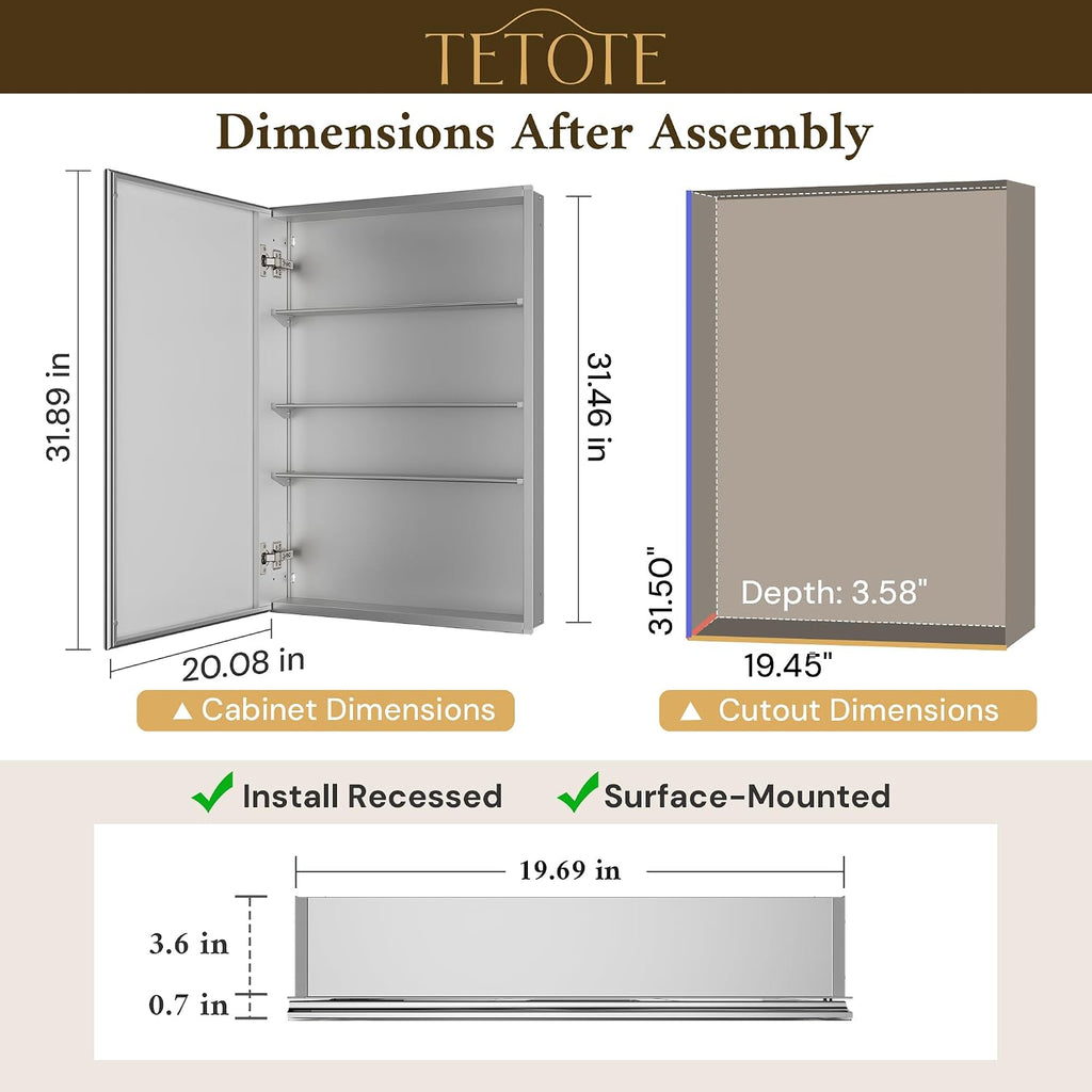 20 x 32 Medicine Cabinet Mirror with Tempered Beveled Mirror Silver Medicine Cabinet Aluminum Cabinet DTC Hinges