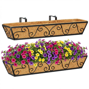 30x7 Inch Black Outdoor Rectangular Window Box Planter - Rust Resistant Steel, Plastic Coated - Perfect for Railings