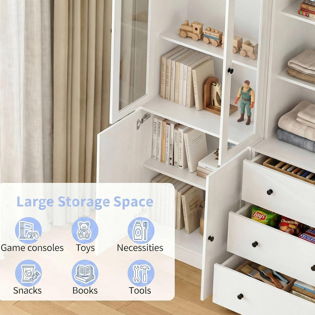 71" H Bookshelf with Storage, 6-Tier Modern Bookshelves with 3 Large Drawer, Display Bookcase with Glass Doors