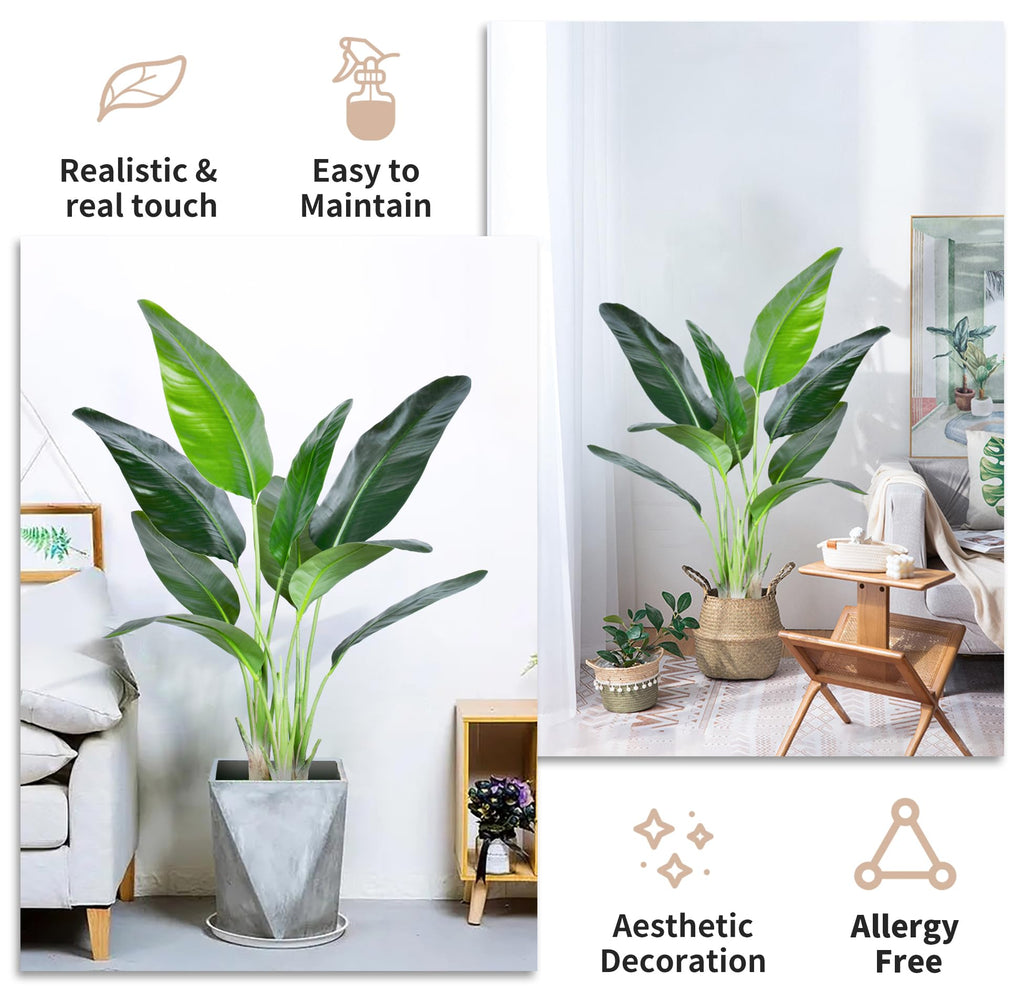 2Packs 4FT Artificial Bird of Paradise Plant, Faux Palm Tree Potted Plant with Real Touch Leaves, Fake Trees Living