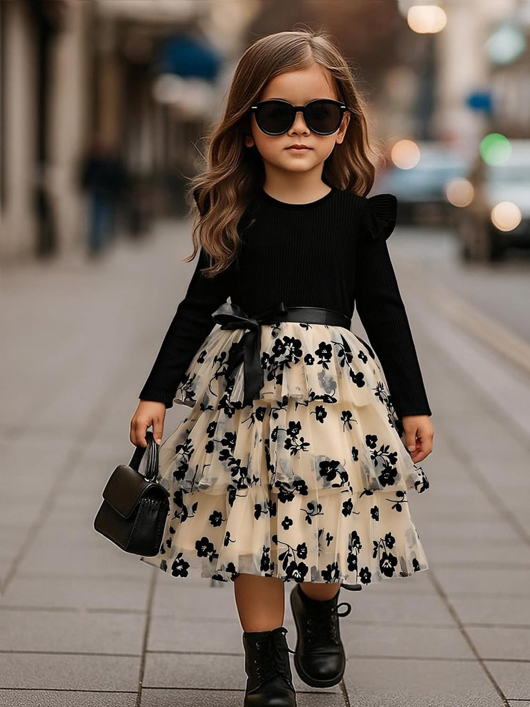 Dress Girls Ruffle Long Sleeve Layered Tulle Dress Fall Spring Fashion Party Dresses 2