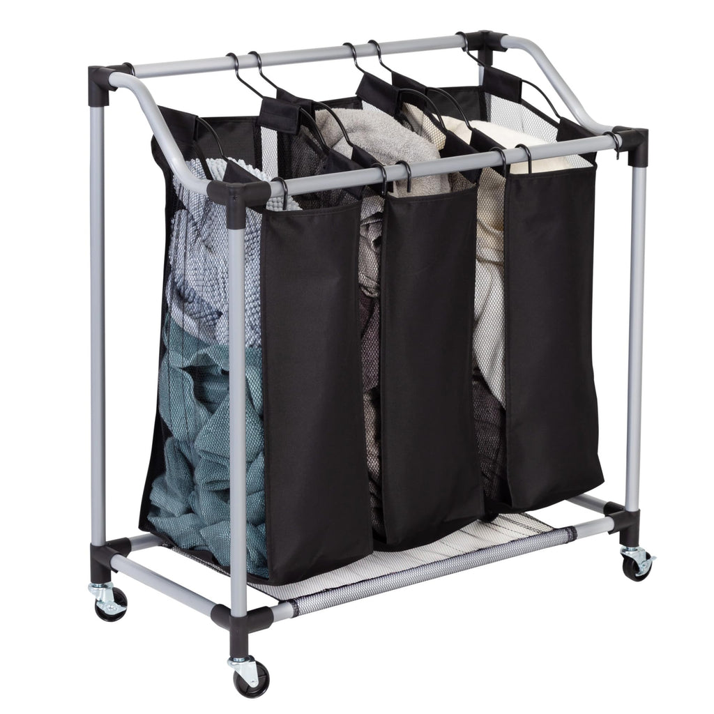 Triple Laundry Sorter with Mesh 3 Bags, Steel/Black, 30.75" x 15" x 32.75"