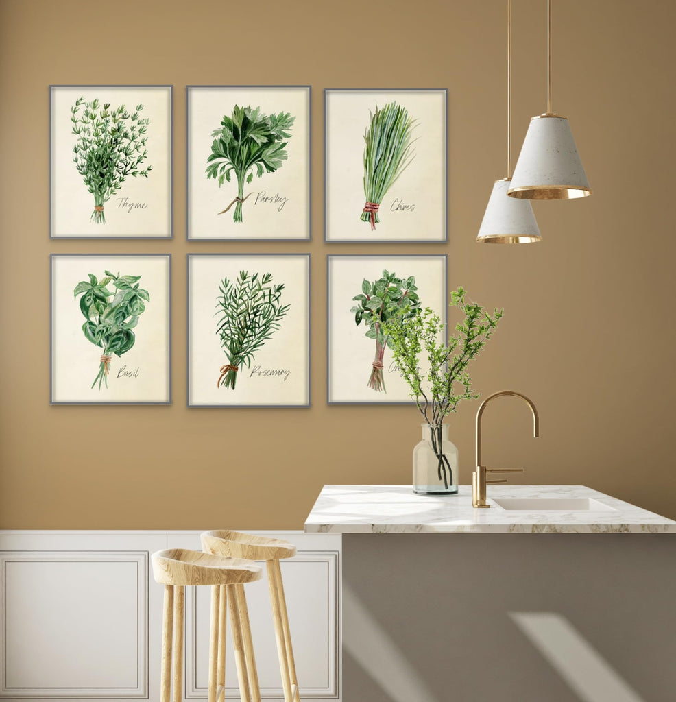 Kitchen Herbs Wall Art Prints - Set of 6-8x10 UNFRAMED Botanical Watercolor Illustrations of Basil, Parsley, Chives