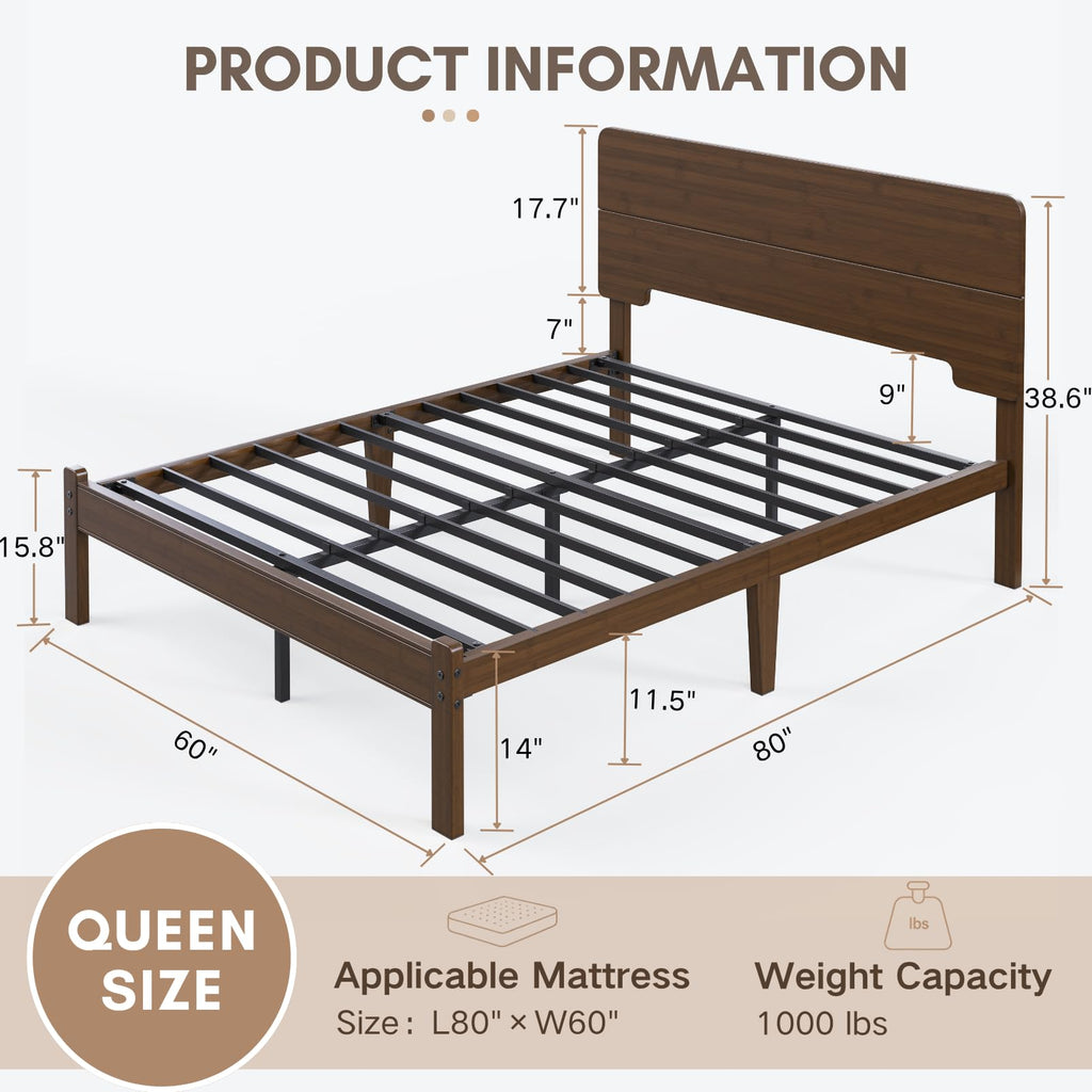 14" Solid Bamboo Wood Queen Platform Bed Frame with Headboard