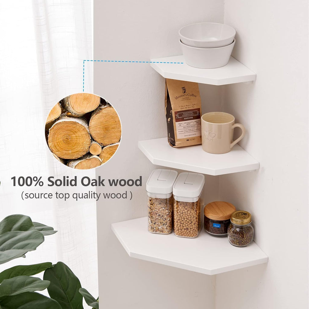 Corner Wall Shelves Set 2 Wire Hole Solid Oak Wood Display Shelf, White