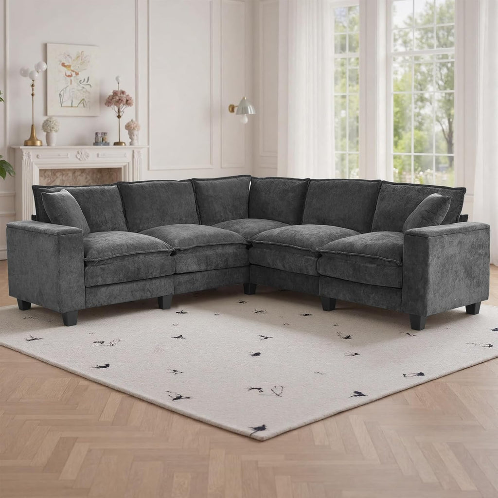 97" 5 Seater L Shaped Couch Corner Sofa, Oversized Cloud Couch with 2 Pillows Chenille Modular Sectional Sofa