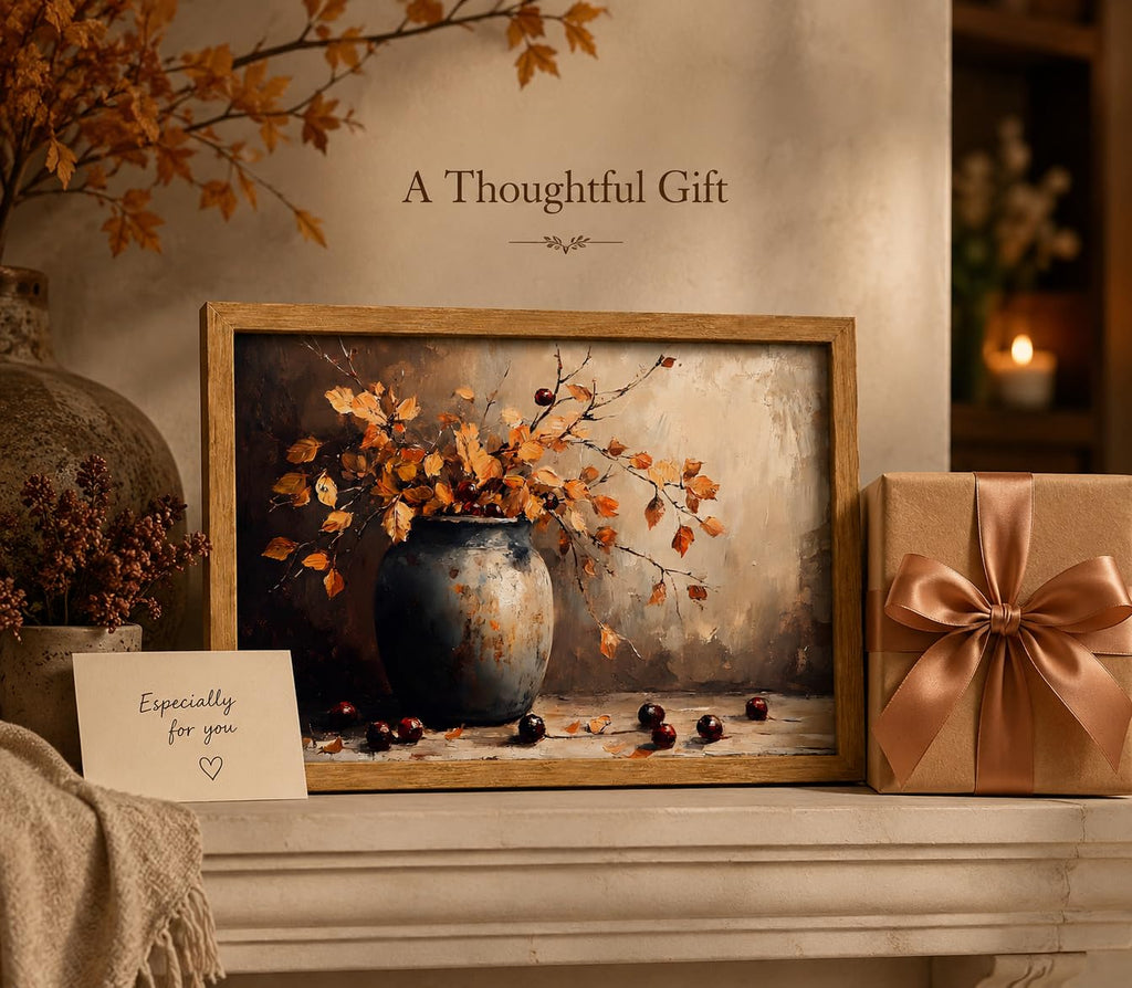 Framed Vintage Autumn Leaf Vase Wall Art, Rustic Still Life Painting Picture Wall Decor, Fall Thanksgiving Botanical