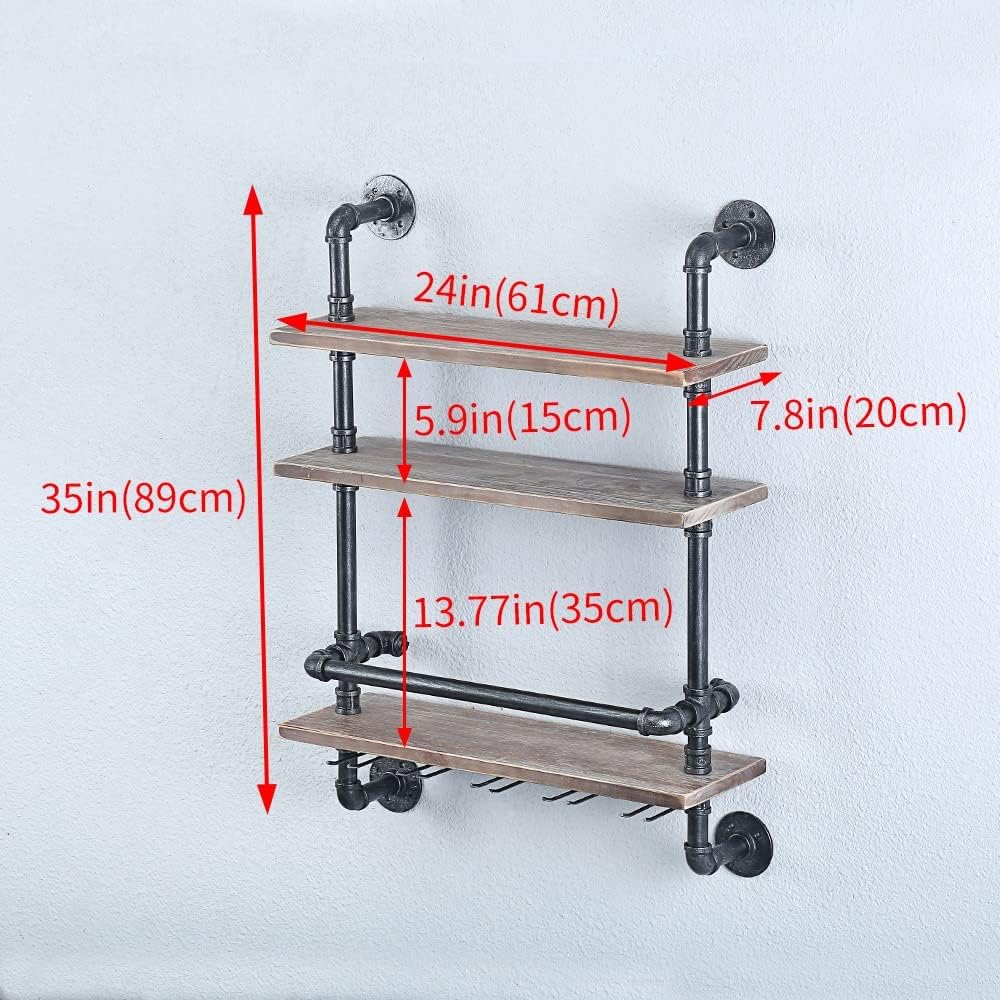 Floating Bar Shelves,Wine Rack Wall Mounted,Wine Glass Holder Wood Shelf | Industrial Pipe,Solid Pine Wood,Easy to