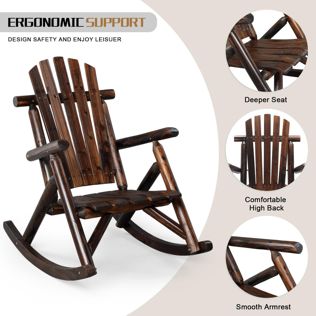 Wooden Rocking Chair Set of 2, Fir Log Adirondack, Dark Brown