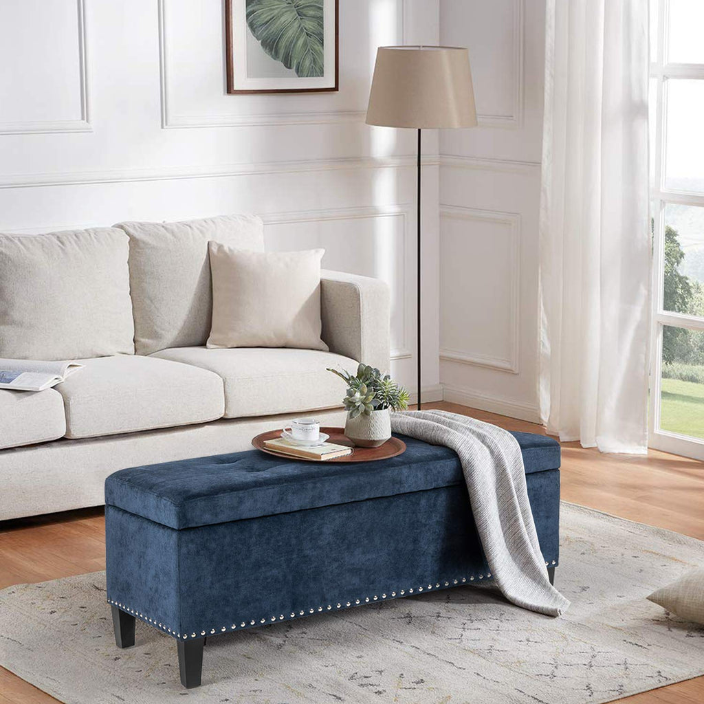 Fabric Lightweight Design Rectangular Tufted Lift Top Storage Bench Footstool with Solid Wood Legs and Nailhead Trim