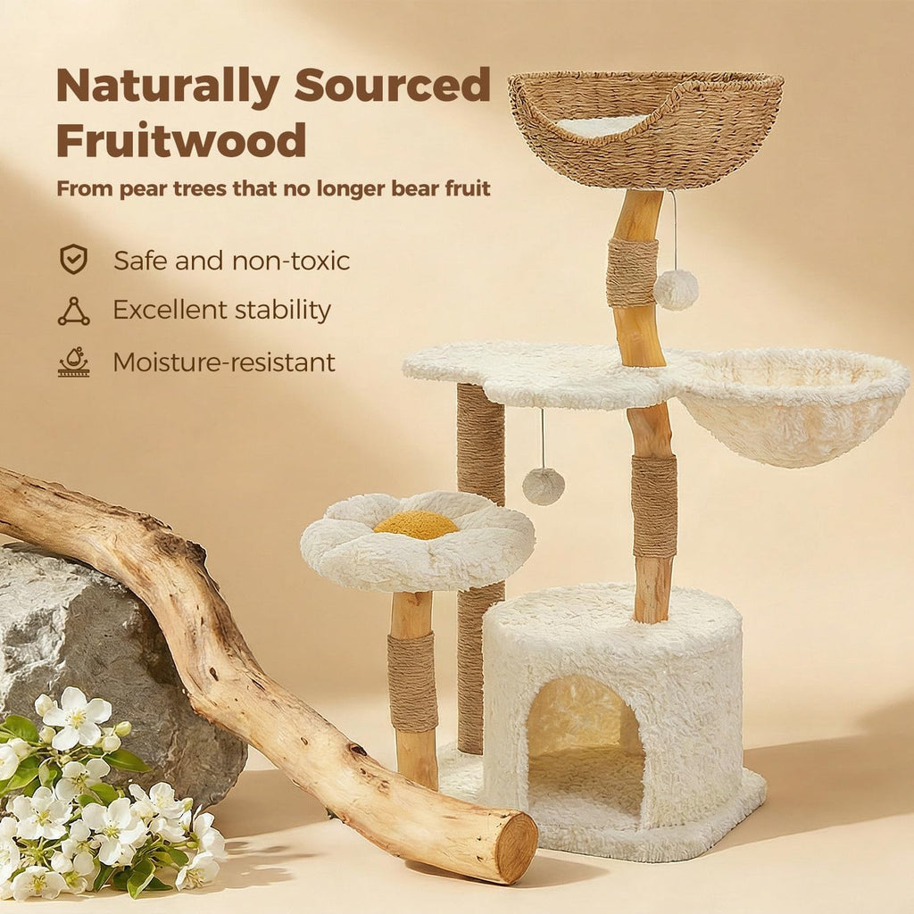 Boho Cat Tree for Large Cats, 48.5" Flower Cat Tower, White