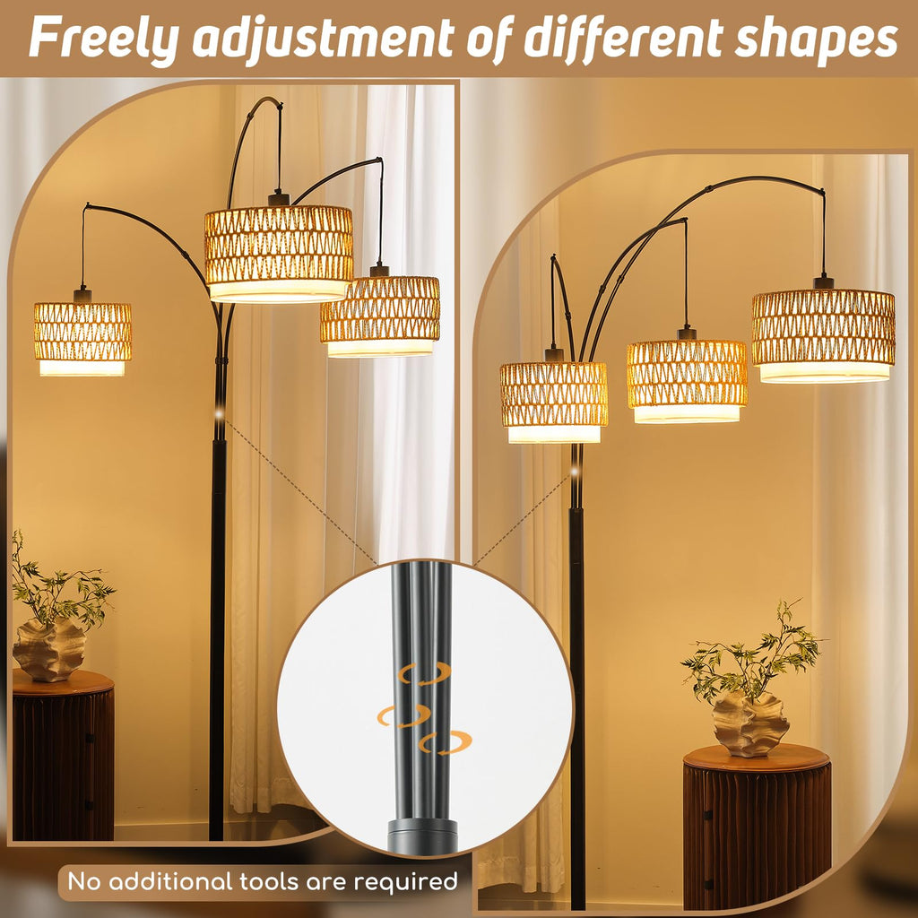 3-Light Arc Rattan Floor Lamp, 80'' Boho Tree Lamp