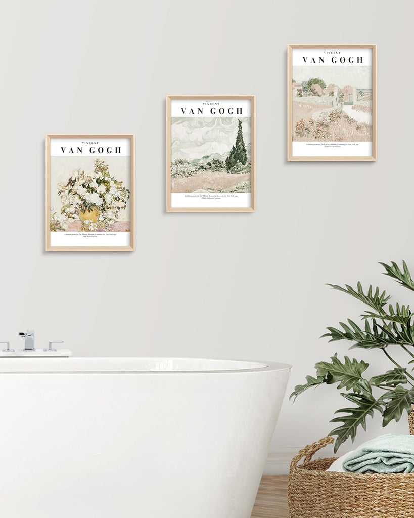 Van Gogh High Framed Wall Art Set of 3, 12x16in Neutral Floral Canvas Prints, Abstract Landscape Artwork Bedroom