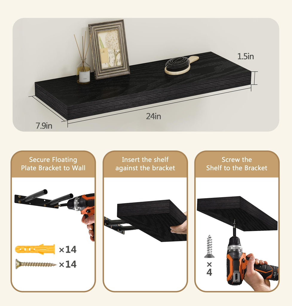 Black Floating Wall Shelves 24in Deep Set of 3 Holds 37lbs