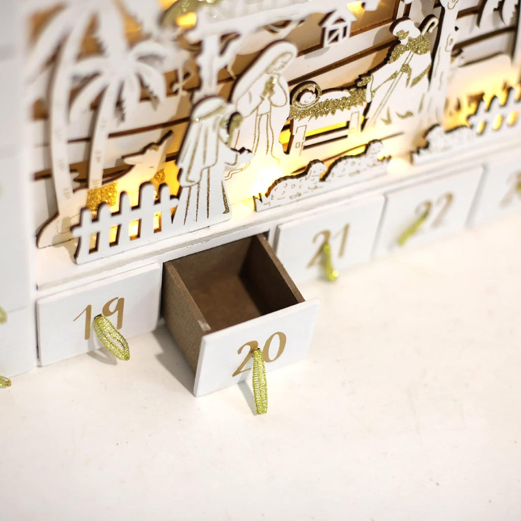 Christmas Wooden Advent Calendar with 24 Drawers to Fill Small Gifts with LED Lights Countdown to Christmas Tabletop