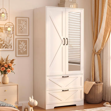 72" Armoire Wardrobe Closet with Mirror Door and LED Lights, Farmhouse Bedroom Armoire with Drawers and Adjustable