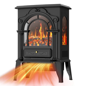 Electric Fireplace Stove-Freestanding Fireplace Heater w/ 3D Flame, Thermostat Control, 1500W/1000W Quiet Heating