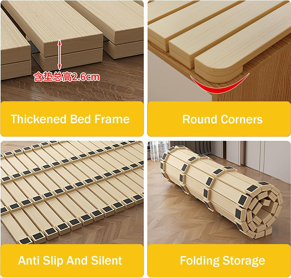 Foldable Wood Floor Bed Frame, Solid Pine Platform with Slats, Space Saving Tatami Style for Small Rooms, Easy