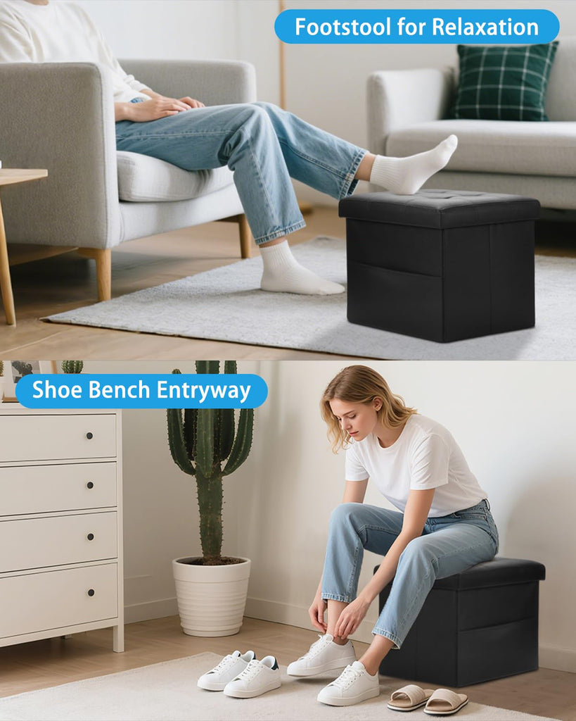 2PC Ottoman with Storage, 17" Leather Folding Foot Rest Stool, Black