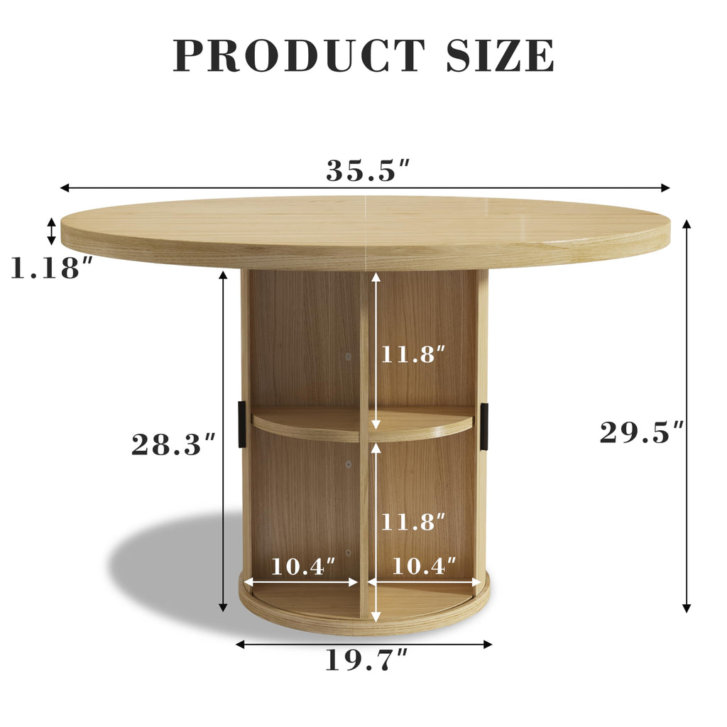 35.5'' Round Dining Table for 2-4, Small Dining Table with Storage Shelf, Modern Fluted Dining Room Table, Wood Base