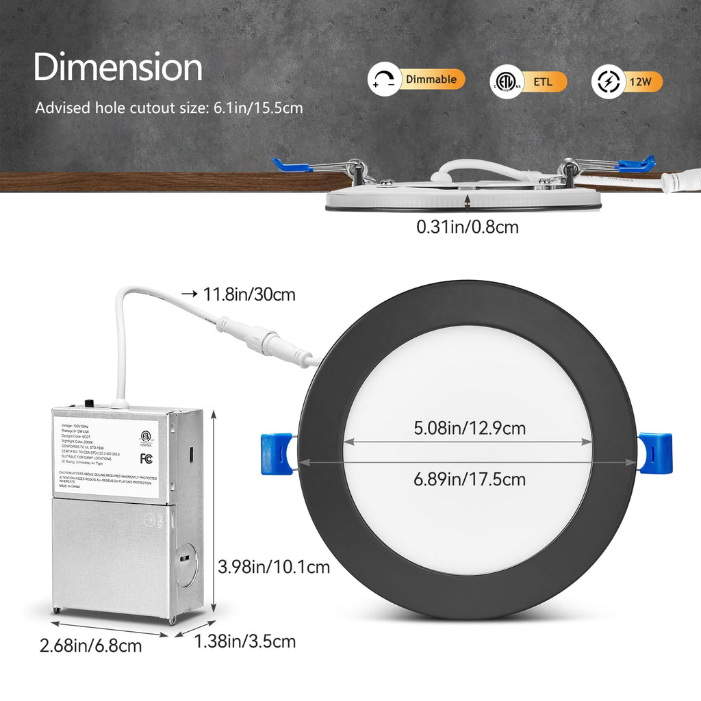 12 Pack Black Recessed Lights 6 Inch with Night Light