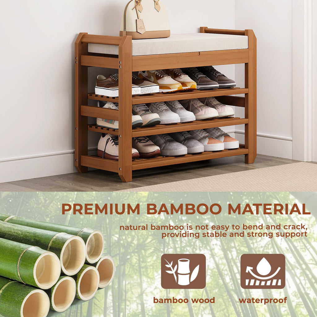 27.6" Entryway Shoe Rack Bench with Cushion, 3-Tier Storage Bench