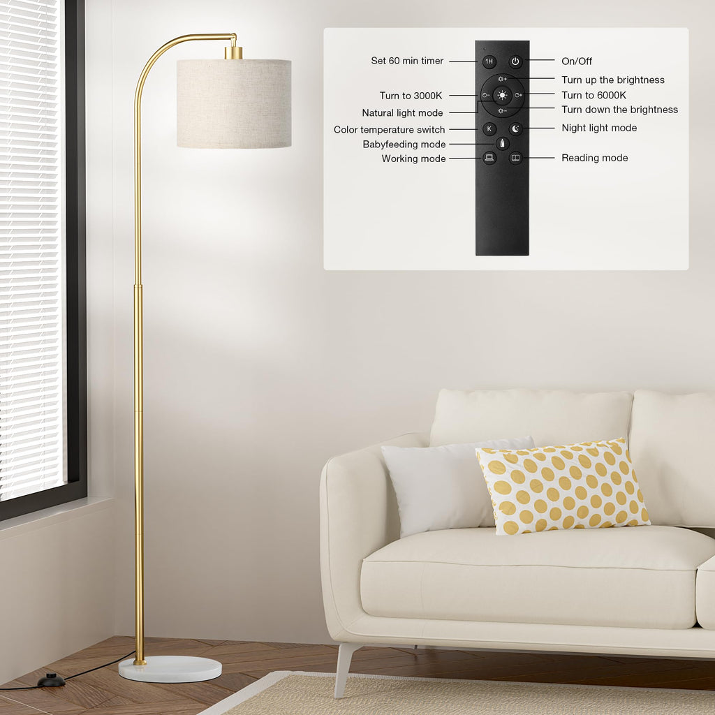 Arc Floor Lamp with Remote and Stepless Dimmable Bulb, Colors Temperature & Brightness Adjustable, Gold Pole & Marble