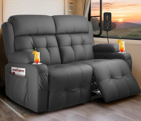 RV Loveseat Recliner Sofa, Massage Wall Hugger Recliners Couch with USB Port, Side Pockets, Cup Holders