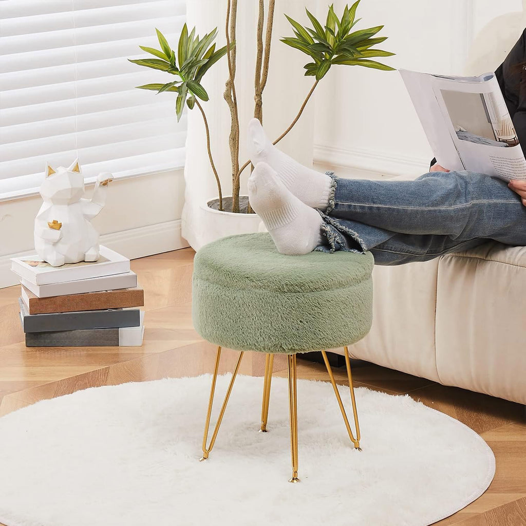 Footrest Footstools Round Faux Fur Ottoman with Storage Space Soft