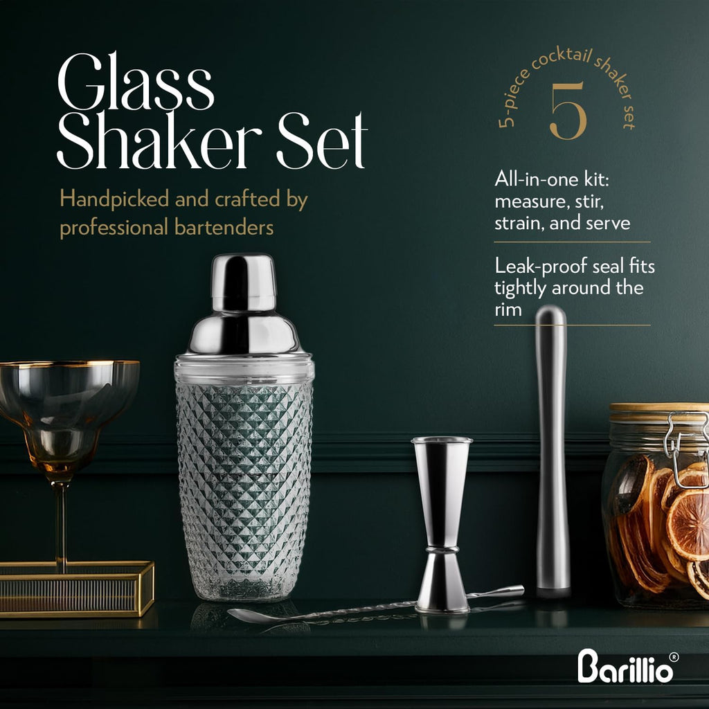 Glass Cocktail Shaker Set | 14 oz Cobbler Mixer with Bar Tools | Bartender Kit with Measuring Jigger, Mixing Spoon