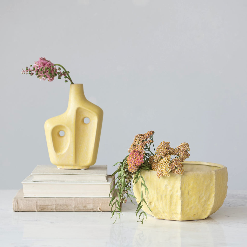 Stoneware Planter with Organically Shaped Detail, Yellow