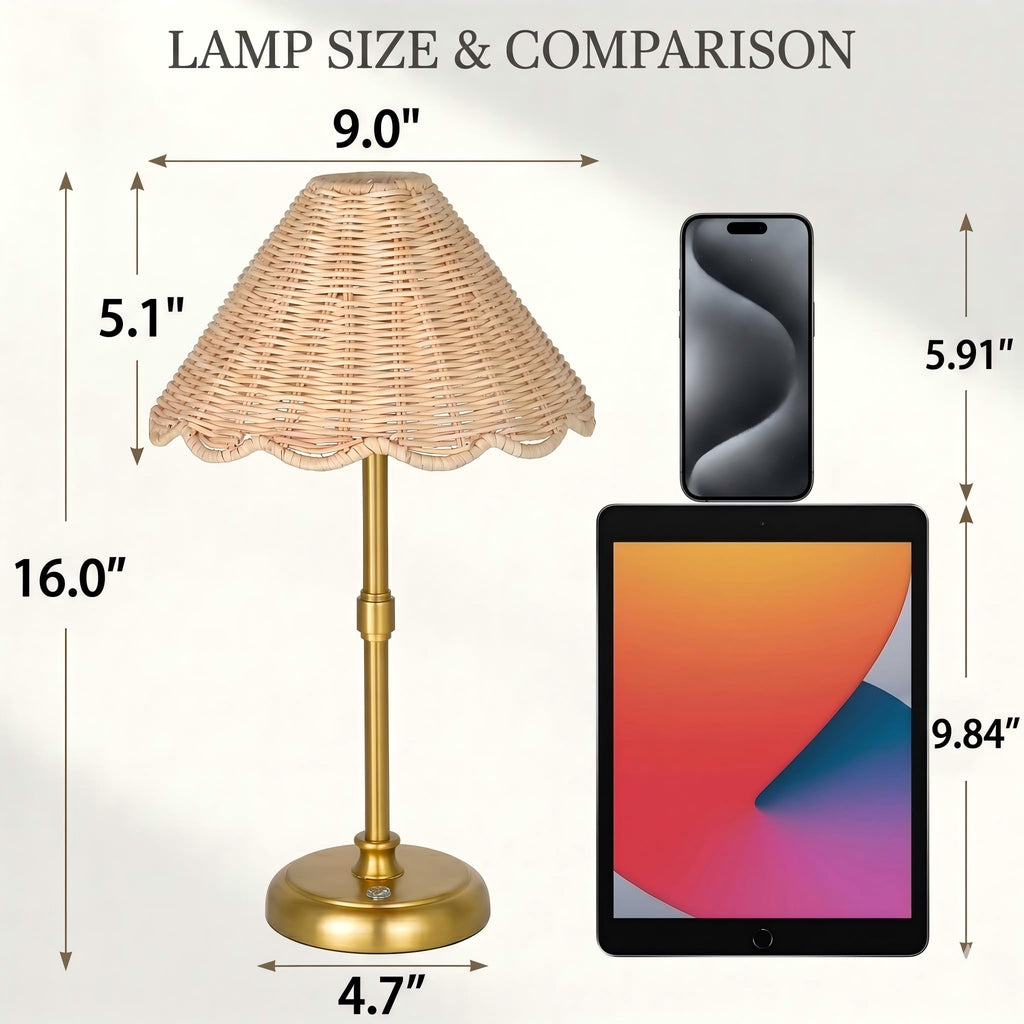 Cordless Boho Rattan Table lamp, 5200-mAh Rechargeable Battery, 3-level Brightness Dimmable, Build-in Integrated LED