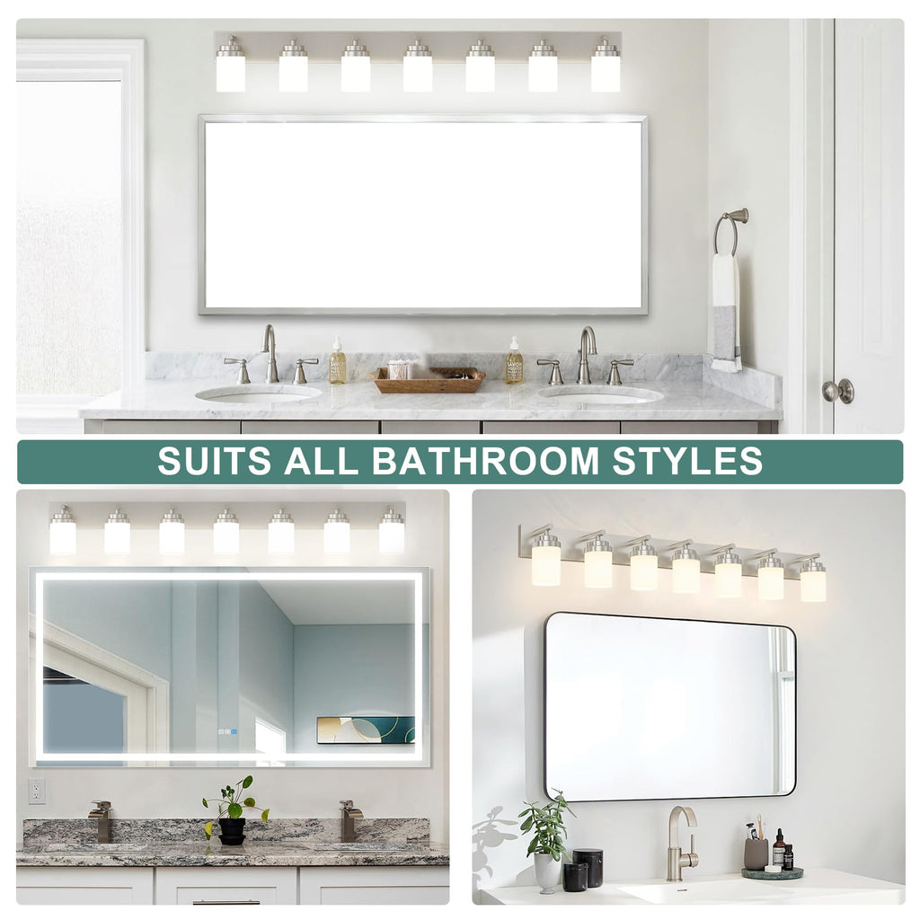 Bathroom Vanity Light Fixture, 7-Light 52 inch Brushed Nickel Bathroom Light Fixtures Over Mirror, with White Glass