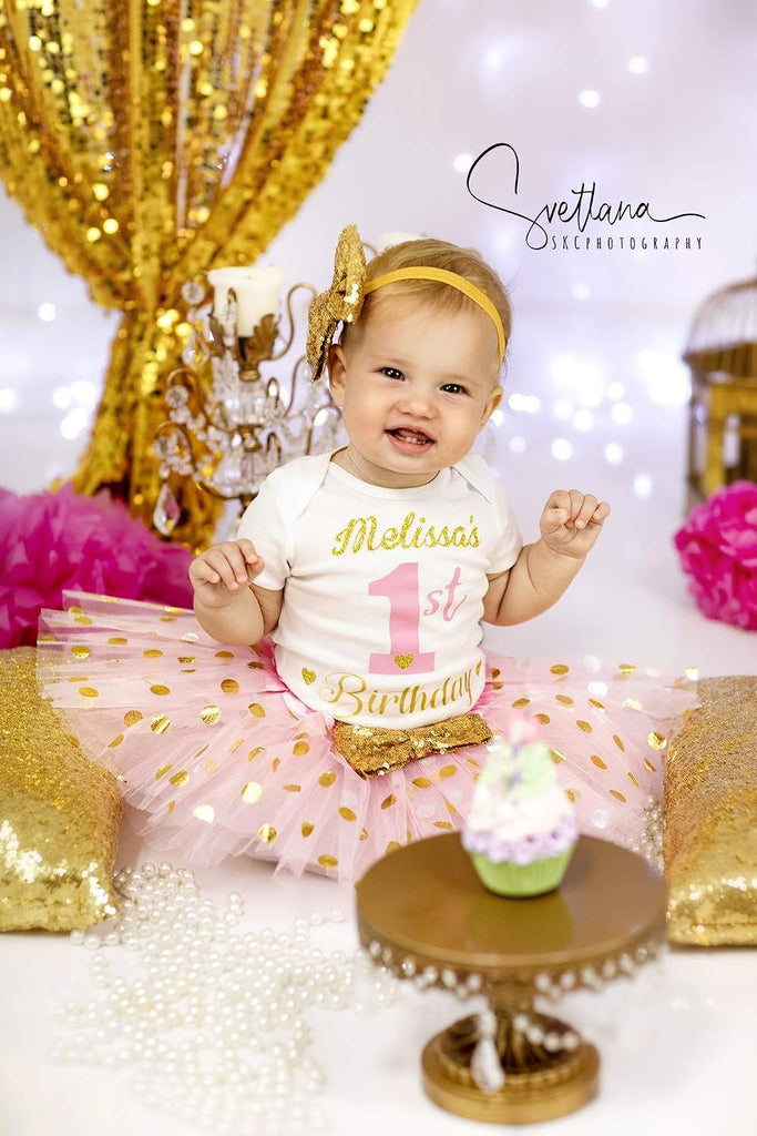 Personalized 1st Birthday Girl Outfit | Glittering Gold and Pink Tutu Dress with Elastic Closure Headband