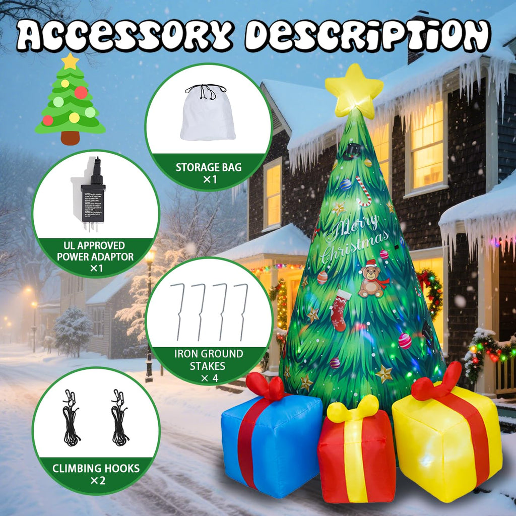 8FT Giant Christmas Inflatable Tree with Rotating LED Lights Inside, Animated Blow Up Xmas Tree with 3 Gift Boxes