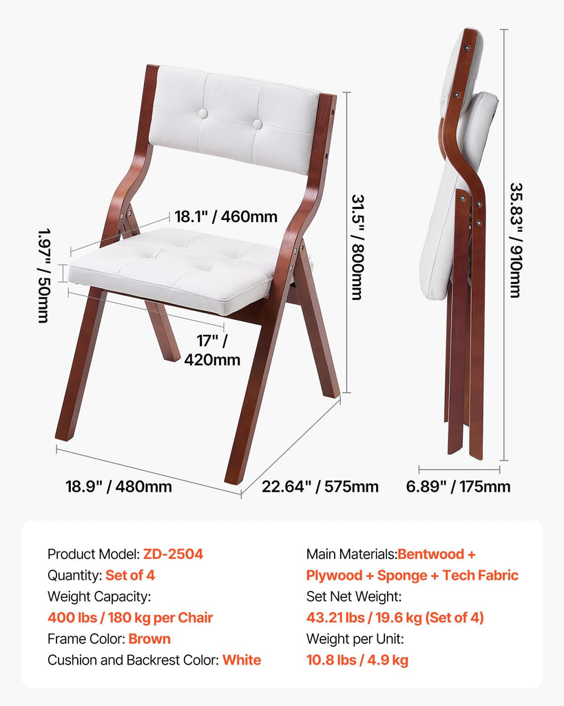 Wooden Folding Chairs with Cushion, Set of 4, Portable Foldable Cushion Chair with Wooden Frame, Modern Padded Dining