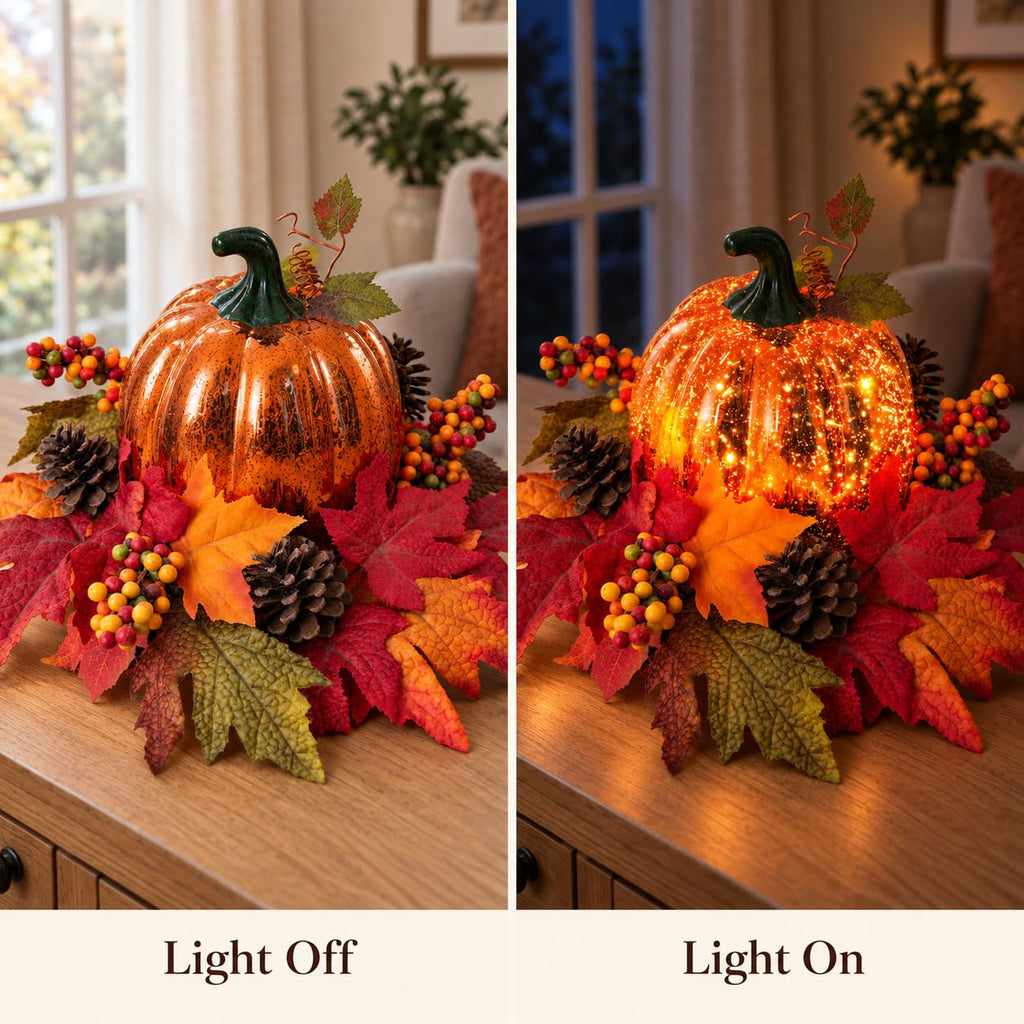 Lighted Pumpkin Fall Decor - LED Thanksgiving Decoration with Faux Maple Leaves, Berries, and Pinecones, Autumn